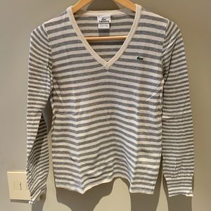 Lacoste white and grey striped v-neck sweater